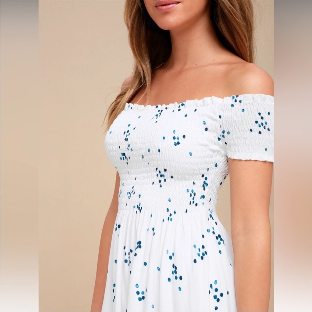 Lulus White and Blue Polka Dot off the shoulder mini dress